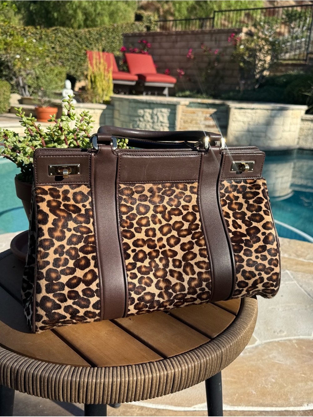 Tiffany & Co. Leopard Print Leather-Trim Handbag in Brown and Tan